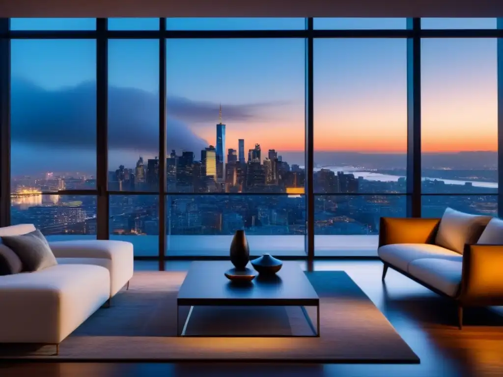Penthouse de lujo con vista nocturna de la ciudad Elegante penthouse con vista nocturna de la ciudad, muebles modernos y arte contemporáneo