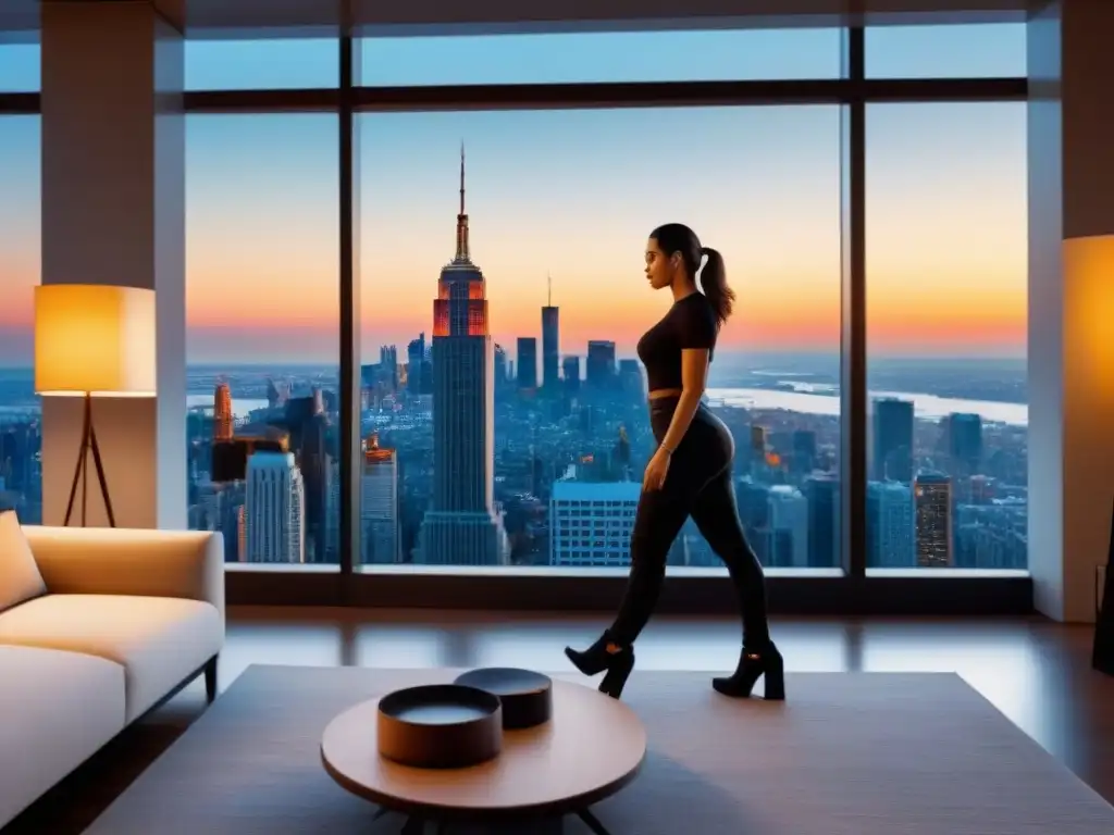 Penthouse de lujo con vista panorámica al atardecer Elegante penthouse con vista panorámica de la ciudad al atardecer