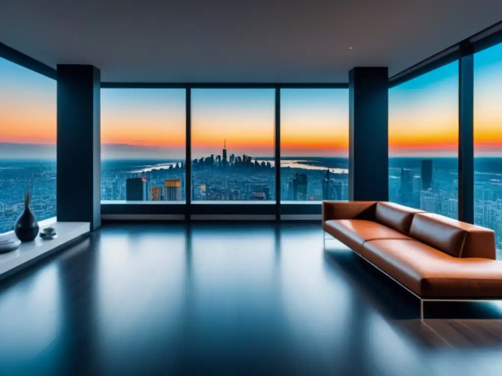 Espectacular penthouse moderno con vista panorámica a la ciudad Elegante penthouse con vista panorámica a la ciudad y mobiliario contemporáneo