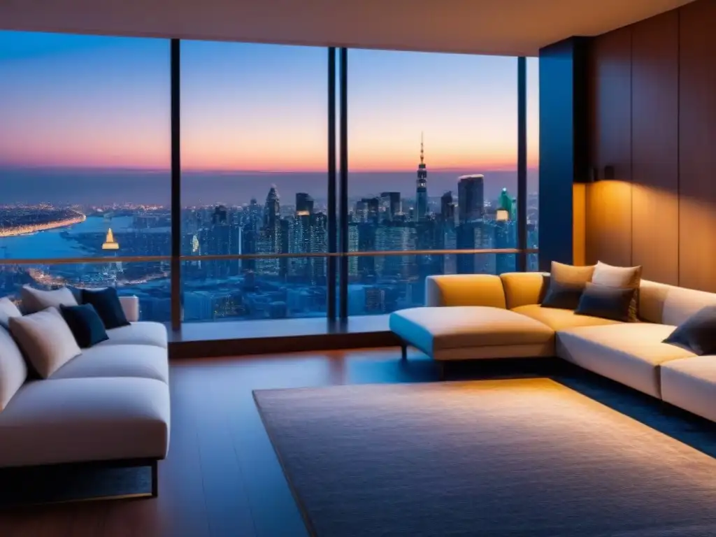 Penthouse de lujo con vista panorámica y diseño contemporáneo Elegante penthouse con vista panorámica de la ciudad al atardecer