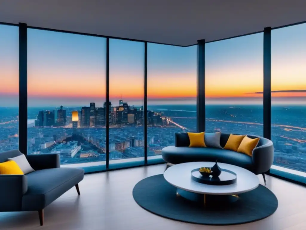 Penthouse de lujo con vista panorámica y chatbot inteligente Un elegante penthouse con vista urbana, muebles modernos y un chatbot integrado