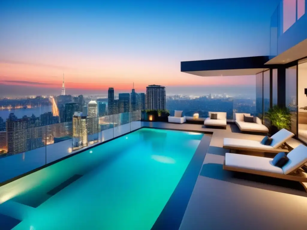 Penthouse de lujo: diseño moderno y vistas urbanas en criptomonedas Elegante penthouse con vistas a la ciudad, diseño moderno y terraza con piscina