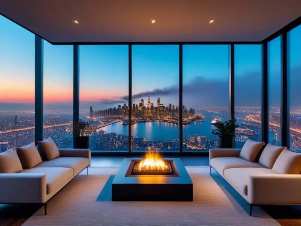 Penthouse de lujo con vistas panorámicas y diseño elegante Elegante penthouse con vistas a la ciudad al anochecer