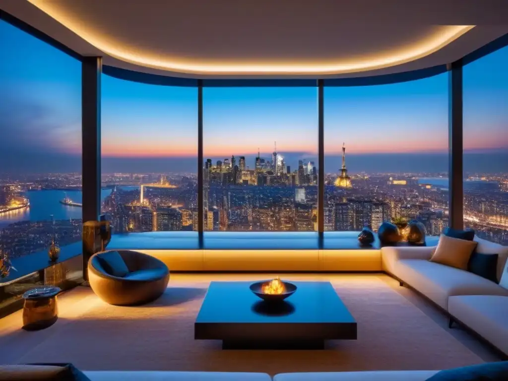 Penthouse de lujo con vistas panorámicas nocturnas de la ciudad Elegante penthouse con vistas panorámicas de la ciudad de noche, ideal para estrategias inmobiliarias internacionales inversionistas