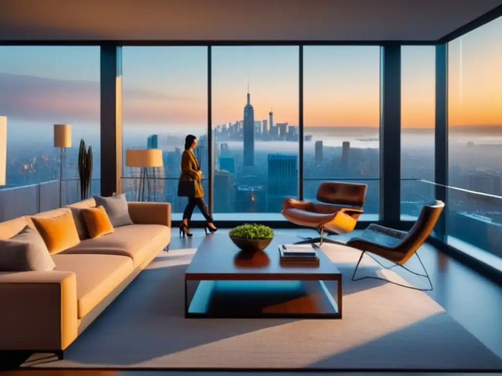Penthouse de lujo con vista urbana al atardecer Elegante penthouse con vistas urbanas al atardecer