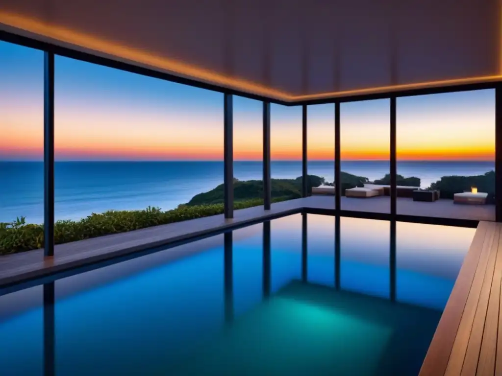 Propiedad vacacional moderna frente a la playa al atardecer Elegante propiedad vacacional con vista a la playa al atardecer