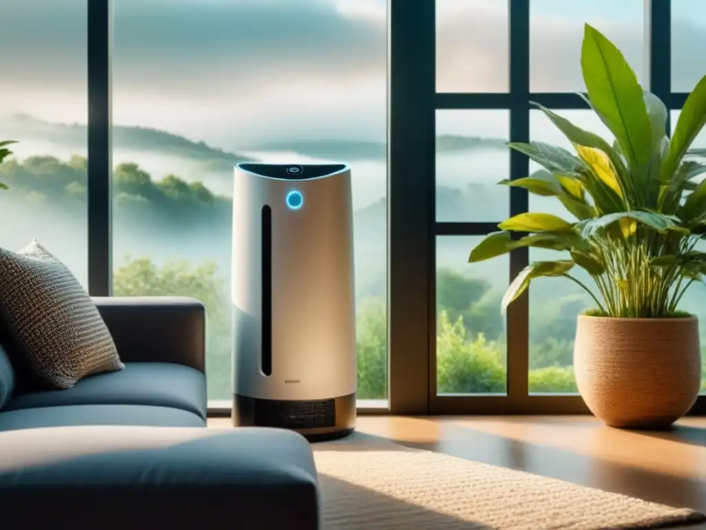 Purificador de aire moderno y elegante para un hogar saludable Un elegante purificador de aire en un ambiente moderno y relajante, rodeado de plantas verdes, iluminado por luz natural