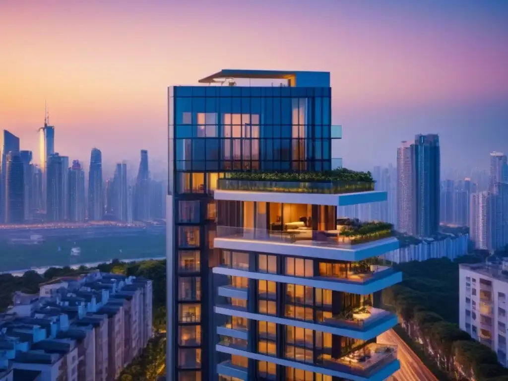 Torre de apartamentos de lujo en la ciudad al atardecer Elegante rascacielos en ciudad atardecer, reflejos dorados, luces brillantes