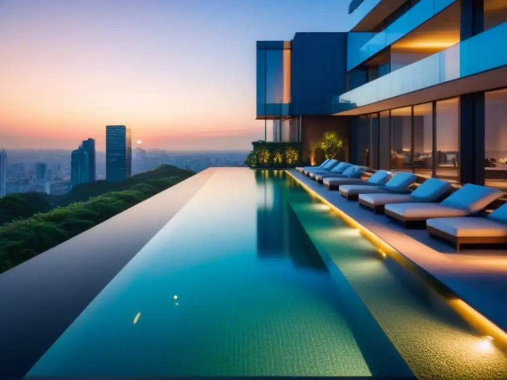 Edificio de lujo en CDMX con piscina infinita en la azotea Elegante rascacielos en CDMX con diseño moderno, piscina en la azotea y vegetación exuberante