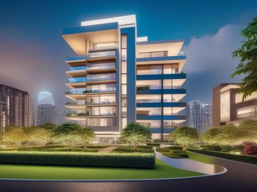 Edificio de lujo futurista en la noche: exclusividad y sofisticación Elegante rascacielos futurista rodeado de vegetación, iluminado y con vista a la ciudad