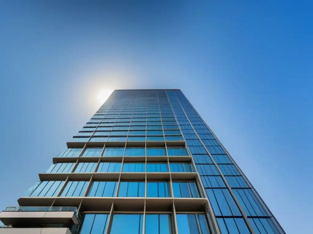 Edificio de lujo: éxito y sofisticación en inversión inmobiliaria global Elegante rascacielos moderno reflejando el sol en su fachada de cristal, simbolizando éxito y sofisticación en estrategias ROI marketing inmobiliario