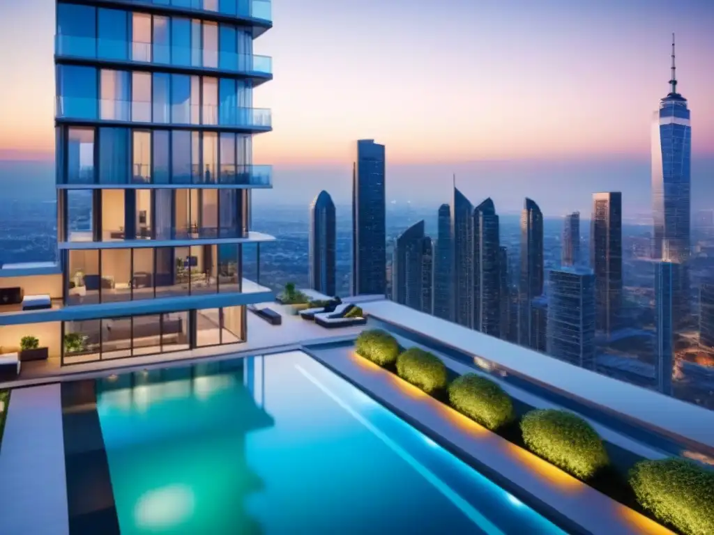 Edificio de lujo en ciudad vibrante: inversión inmobiliaria rentable Un elegante rascacielos rodeado de la bulliciosa ciudad, reflejando la opulencia y las inversiones inmobiliarias durante crisis