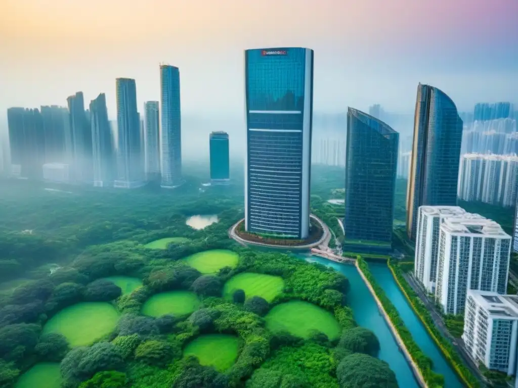 Espectacular rascacielos moderno rodeado de naturaleza exuberante Elegante rascacielos rodeado de vegetación, reflejando la ciudad, fusionando naturaleza y sofisticación urbana en inversión inmobiliaria internacional