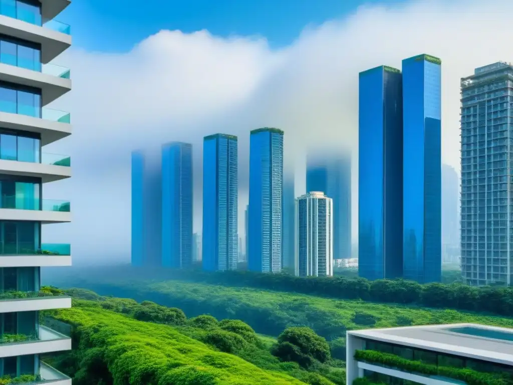 Edificio de lujo: modernidad y naturaleza en la ciudad global Elegante rascacielos rodeado de vegetación, con cristaleras que reflejan el cielo azul y la ciudad vibrante