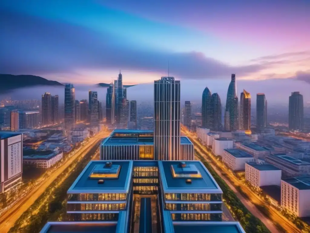 Edificio de cristal de lujo en la ciudad al atardecer Elegante rascacielos de vidrio en la ciudad al anochecer, iluminando el paisaje urbano