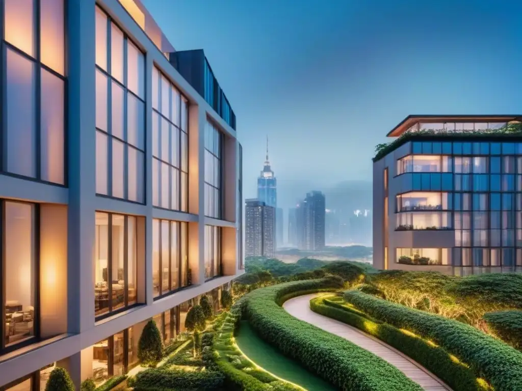 Edificio de lujo en la ciudad: modernidad y sofisticación nocturna Elegante rascacielos con vista nocturna de la ciudad y exuberante vegetación, ideal para Desarrollos inmobiliarios exclusivos Norteamérica