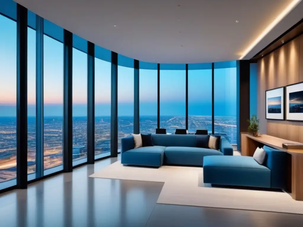 Oficina moderna y sofisticada con vista panorámica en edificio de altura Una elegante recepción en un edificio de oficinas con vista a la ciudad y muebles contemporáneos