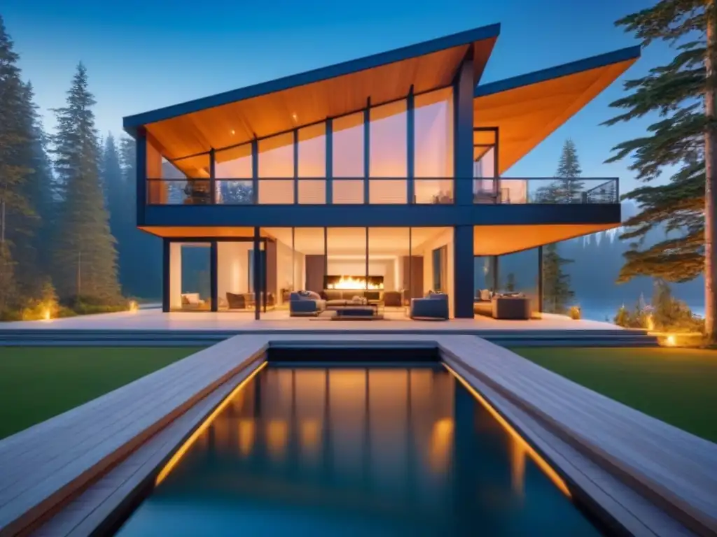 Residencia moderna de lujo junto al lago en 8k Una elegante residencia de lujo con vista al lago, rodeada de pinos altos y diseño contemporáneo