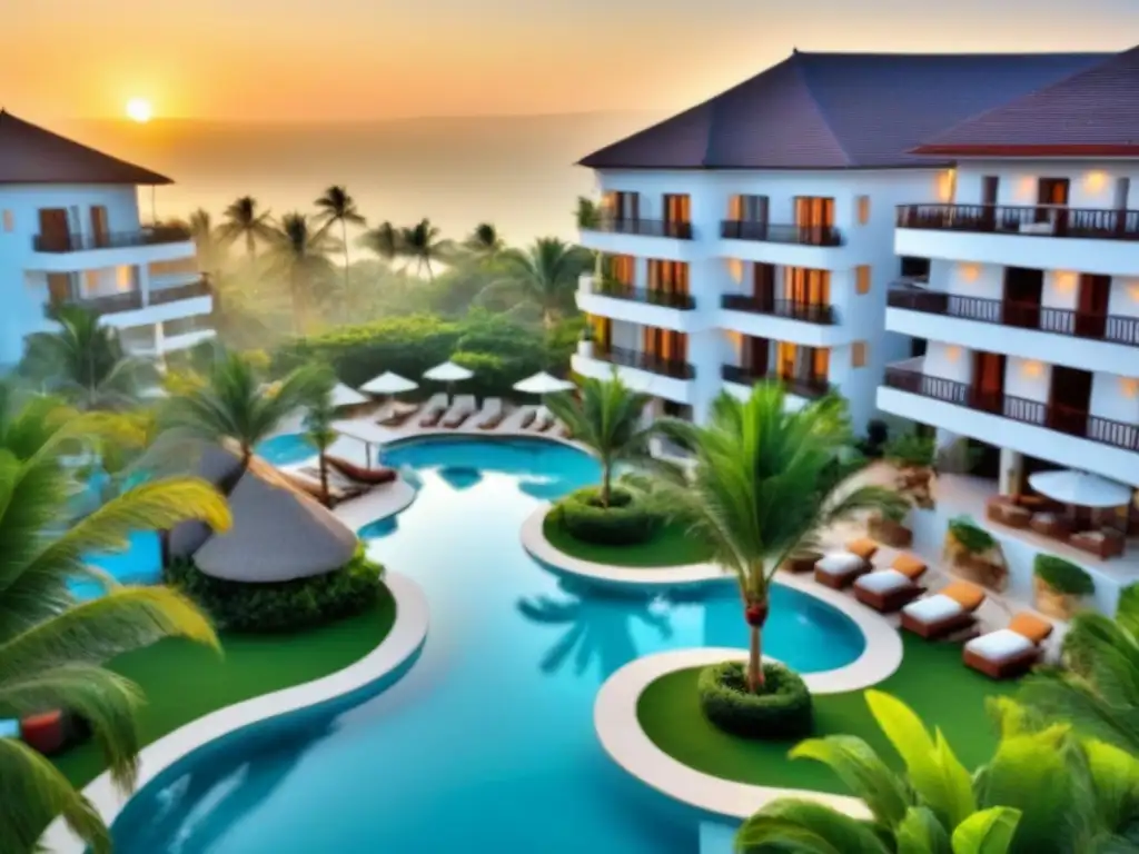 Resort de lujo: oasis tropical con piscinas y villas junto al mar Elegante resort con piscinas, jardines verdes y villas rodeadas de aguas turquesas y playas de arena blanca al atardecer