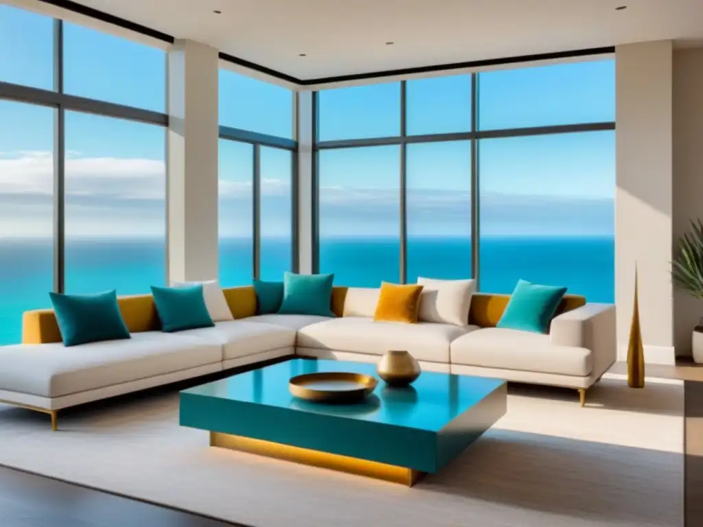 Salón de lujo con vista al mar: sofisticación y elegancia Elegante sala de alquiler vacacional con sofá seccional, mesa de centro de diseño y arte contemporáneo en las paredes, con vista al océano
