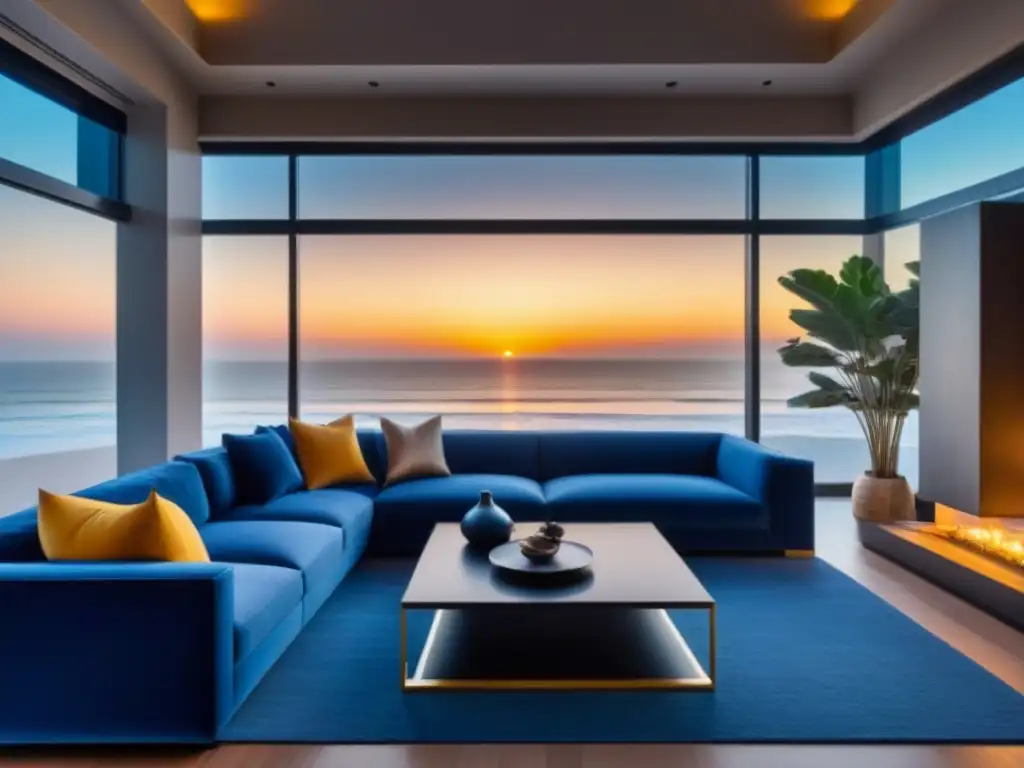 Sala de lujo frente a la playa al atardecer: elegancia y confort Elegante sala de alquiler vacacional con decoración contemporánea en mercado internacional