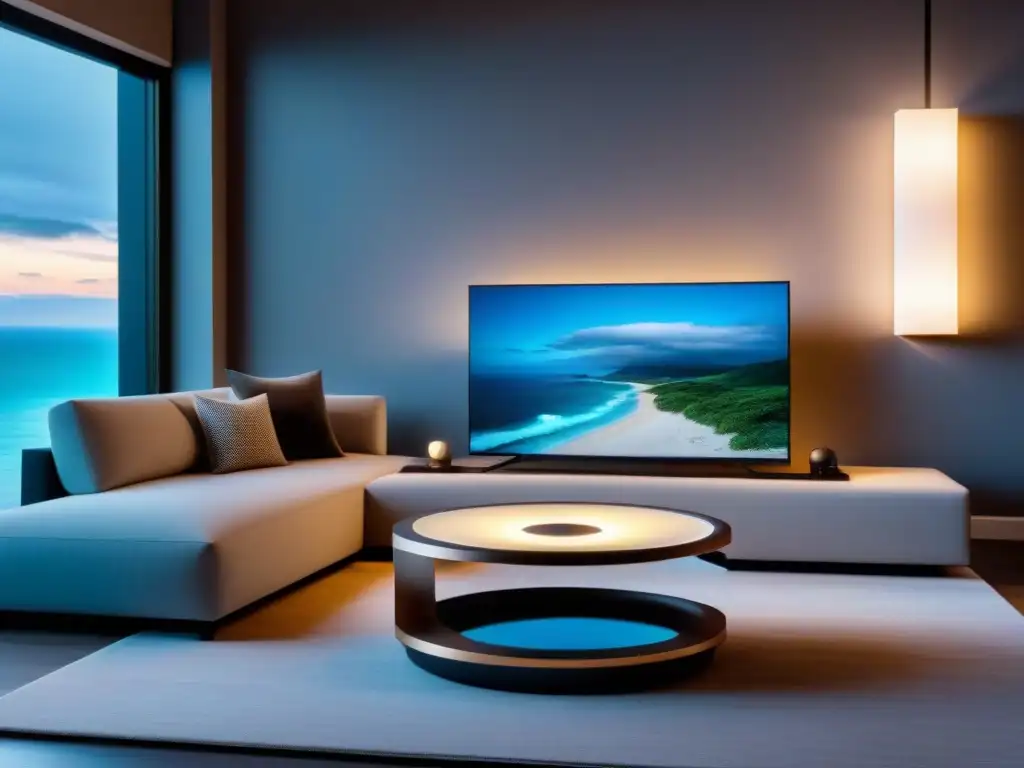 Salón de lujo con tecnología inteligente y diseño minimalista Elegante sala de estar en alquiler vacacional con decoración minimalista y sistema domótico de vanguardia
