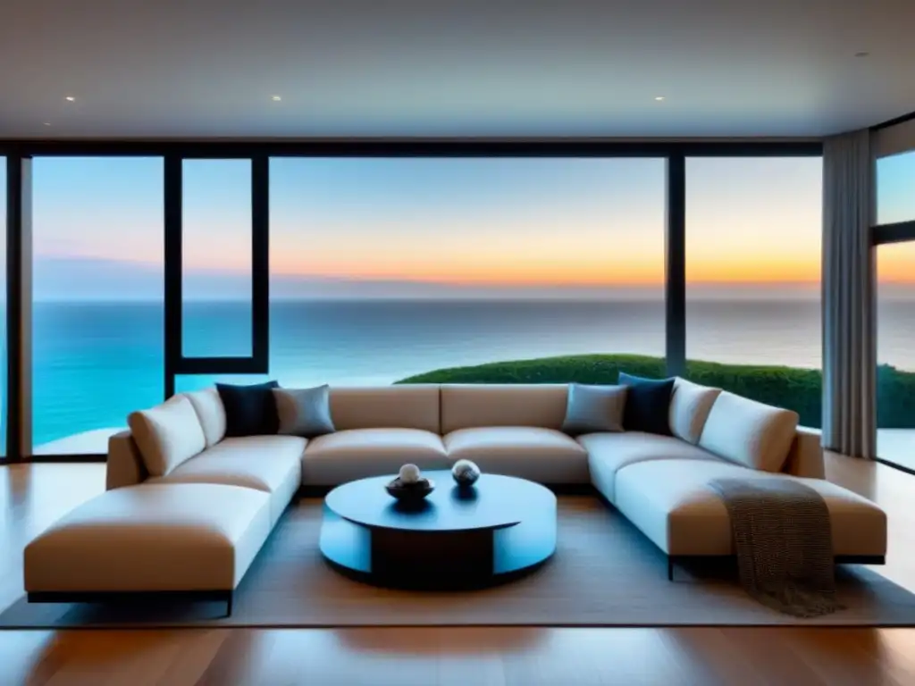 Salón de lujo con vista al mar y moderna decoración Elegante sala de estar en alquiler vacacional de lujo con vista al mar y sistema de entretenimiento de última tecnología
