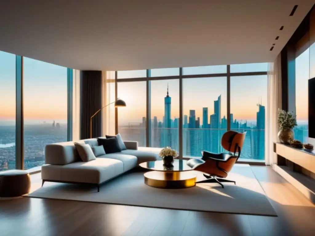 Salón de lujo en apartamento de altura con vista panorámica a la ciudad Elegante sala de estar en un apartamento de lujo con vista panorámica a la ciudad