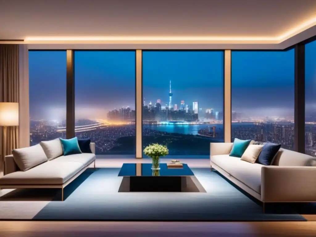 Salón de lujo en apartamento moderno con vista nocturna a la ciudad Elegante sala de estar en apartamento de lujo con vista nocturna de la ciudad