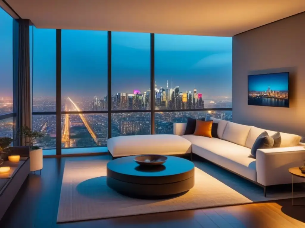 Sala de estar de lujo en la ciudad de noche Elegante sala de estar en un apartamento de lujo con vista nocturna de la ciudad