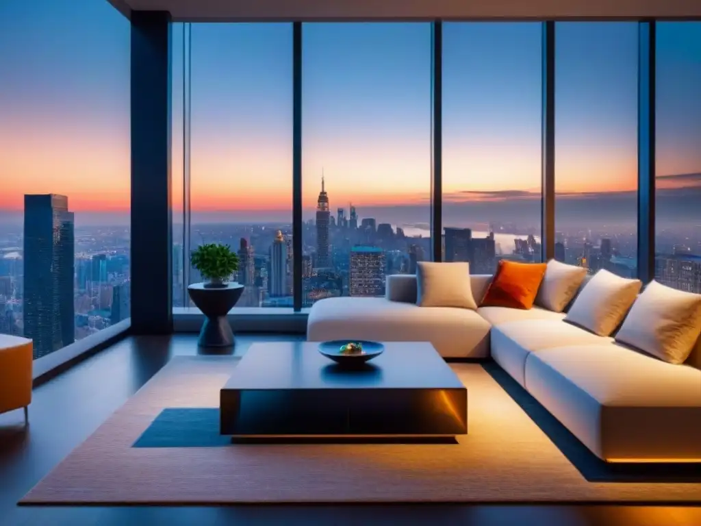 Salón de lujo en rascacielos con vista urbana al atardecer Elegante sala de estar en un apartamento de lujo con vista a la ciudad al atardecer, estrategias de marketing de contenido bienes raíces