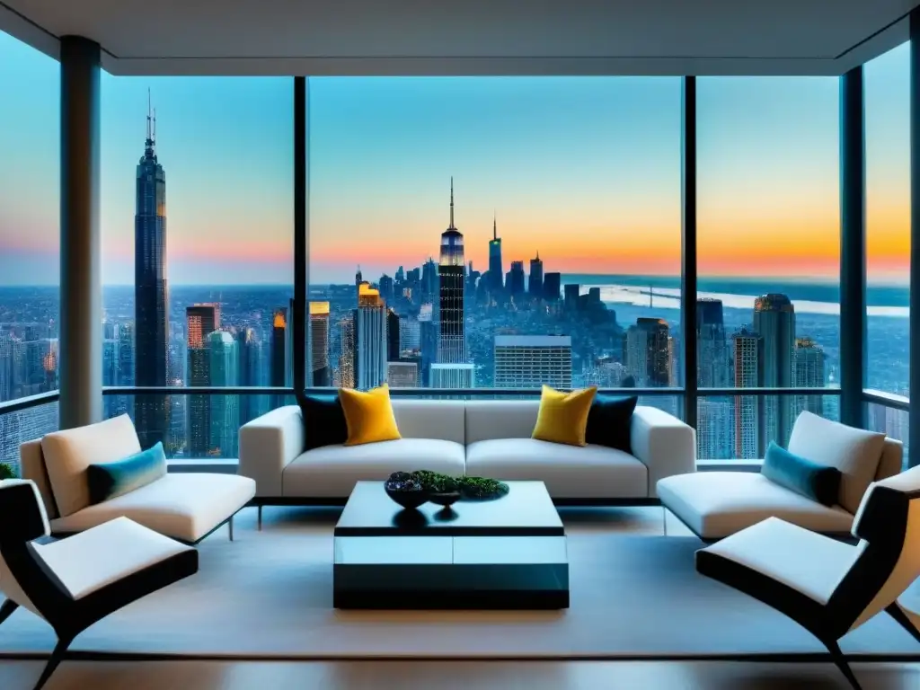 Sofisticado salón moderno en rascacielos con vistas a la ciudad Elegante sala de estar en un apartamento de lujo con vistas a la ciudad