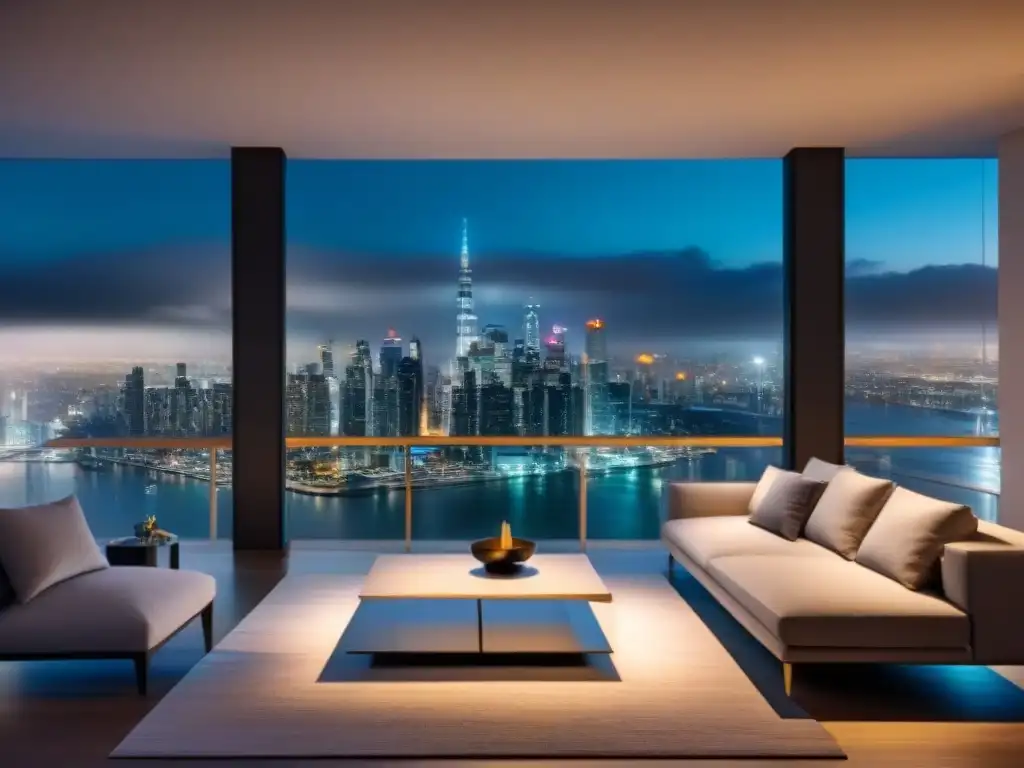 Sofisticada sala de estar con vista nocturna de la ciudad Elegante sala de estar en un apartamento de lujo con vista a la ciudad de noche, decoración contemporánea y ambiente sofisticado