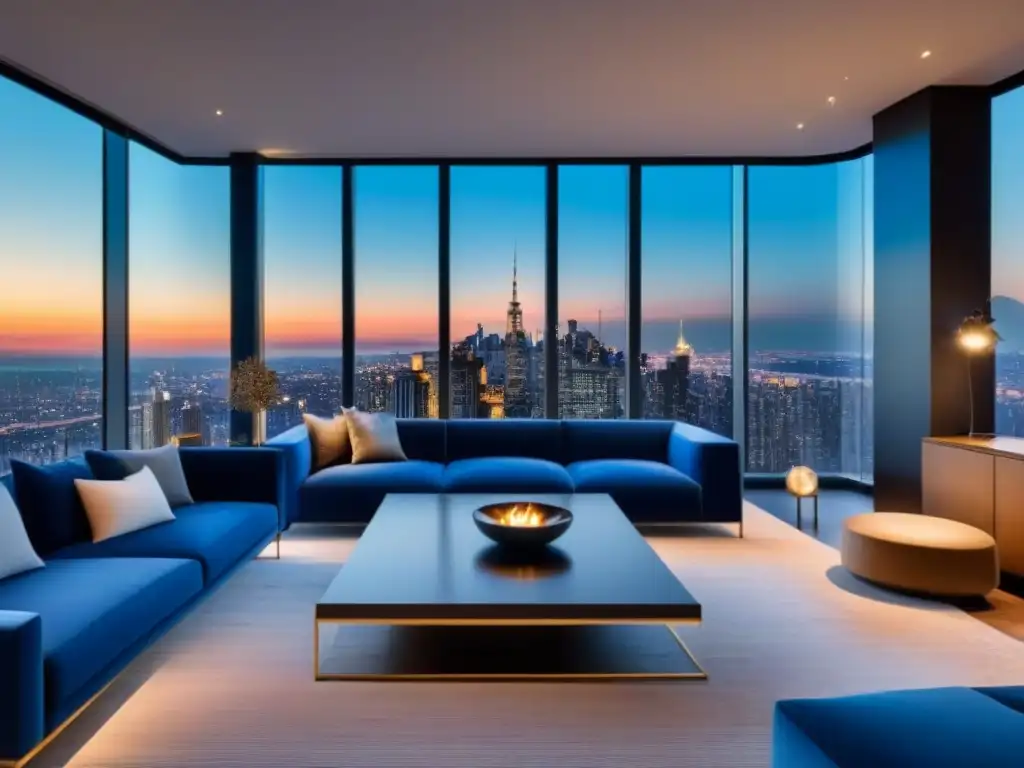Salón moderno de lujo con vista panorámica de la ciudad al anochecer Elegante sala de estar en un apartamento de lujo con vista panorámica de la ciudad al atardecer