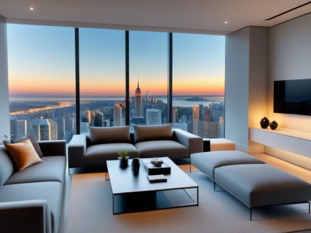 Sala de estar de lujo en apartamento de alta gama con vista urbana Elegante sala de estar en un apartamento de lujo con vista a la ciudad