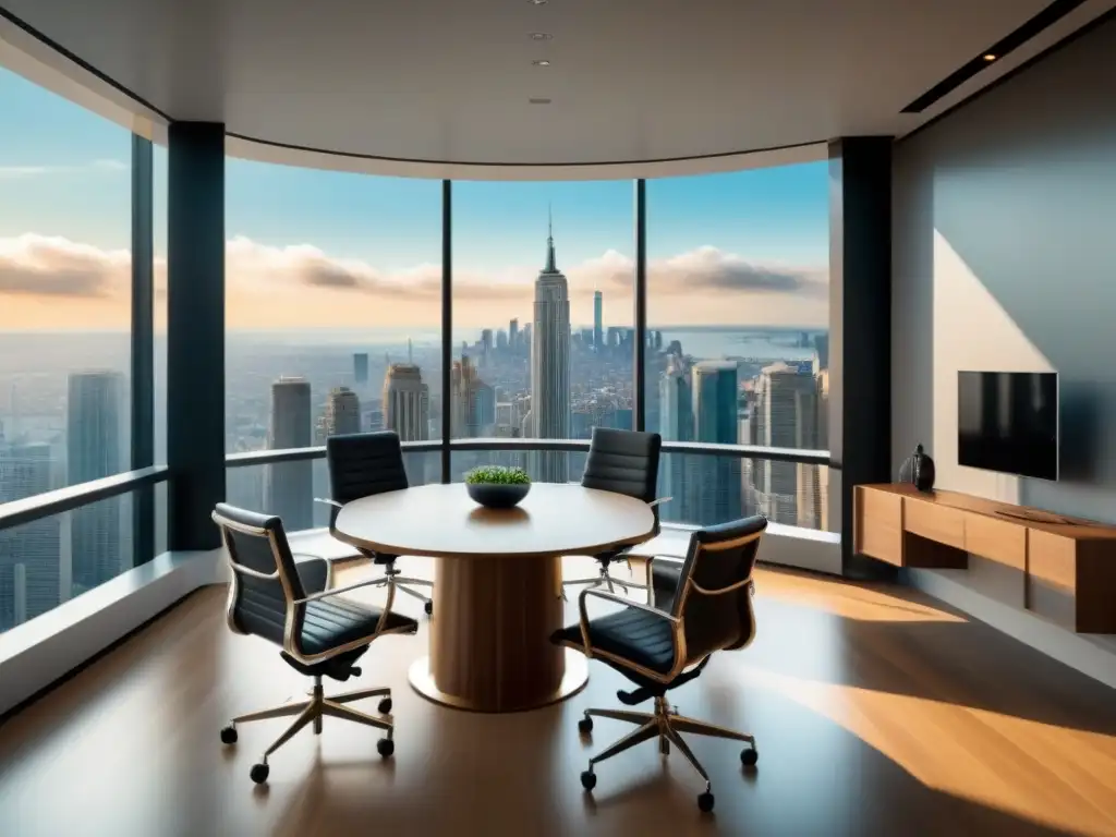 Sala de arbitraje moderna en rascacielos Elegante sala de arbitraje en rascacielos con vista a la ciudad