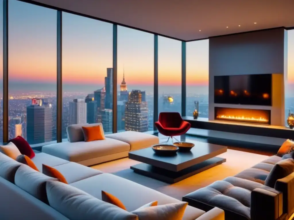 Salón de lujo con vistas a la ciudad: sofisticación y elegancia Elegante sala de estar en ático moderno con vistas a la ciudad