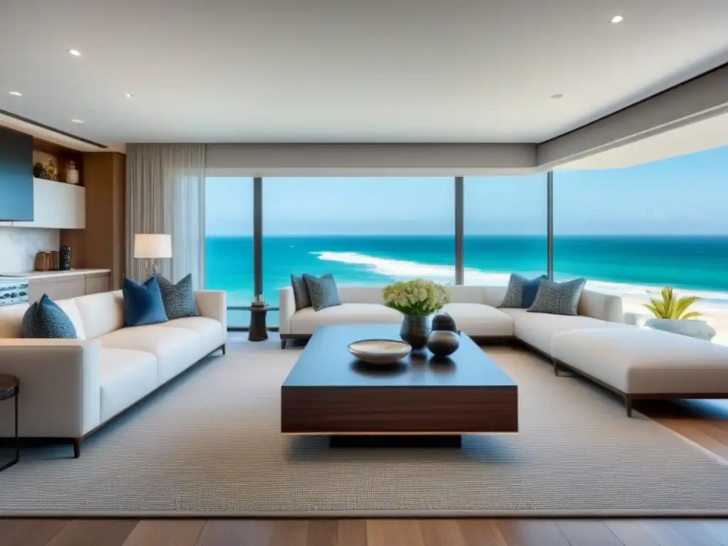 Villa de lujo frente al mar con diseño moderno y elegante Elegante sala de estar y cocina con vista a la playa