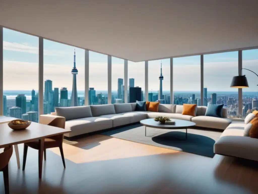 Salón moderno en Toronto con vistas panorámicas de la ciudad Elegante sala de estar en un condominio de lujo en Toronto, con vista a la ciudad