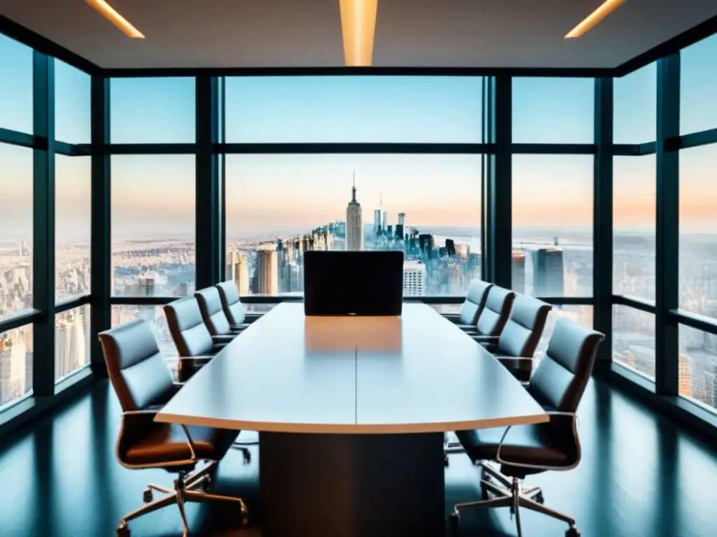 Negociación inmobiliaria de lujo con vista panorámica Elegante sala de conferencias moderna con vista a la ciudad, estrategias de negociación inmobiliaria internacional en acción