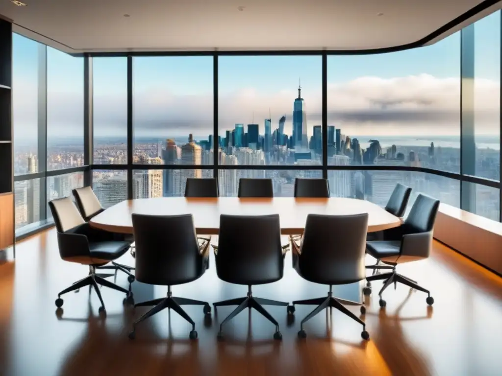 Moderna sala de conferencias con vista a la ciudad en 8k Ultra HD Elegante sala de conferencias con vista a la ciudad y mesa de madera, ideal para prevenir litigios bienes raíces internacionales