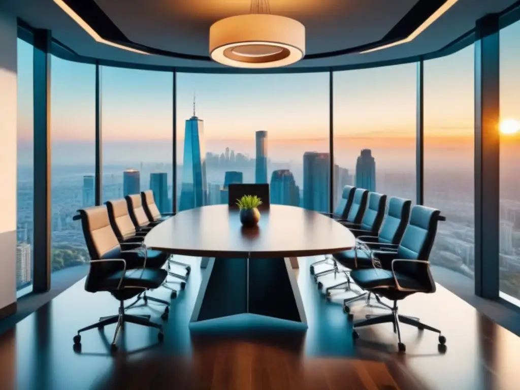 Salón de conferencias de lujo con vista a la ciudad y tecnología innovadora Elegante sala de conferencias con vista a la ciudad y tecnología de vanguardia para estrategias de negociación inmobiliaria internacional