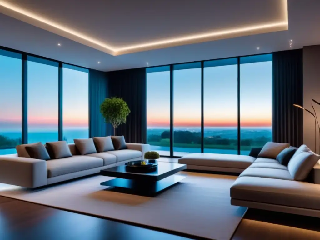 Salón futurista de lujo con automatización Elegante sala futurista con automatización hogar última generación, ideal para inversores