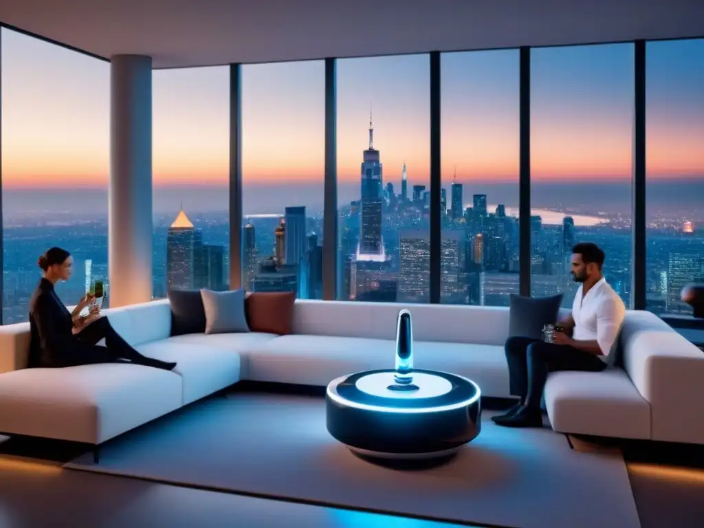 Salón futurista con mayordomo robótico en smart home de lujo Elegante sala futurista con tecnología robótica en casas inteligentes internacionales