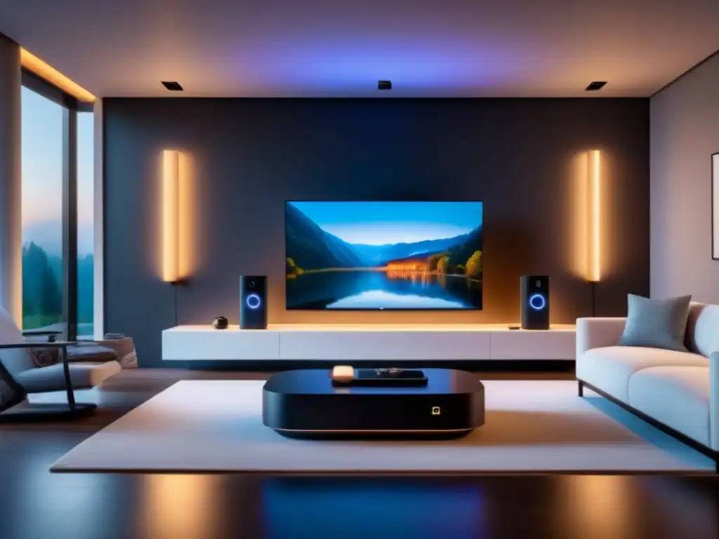 Salón inteligente de lujo: tecnología y confort integrados Elegante sala de estar inteligente con tecnología de vanguardia