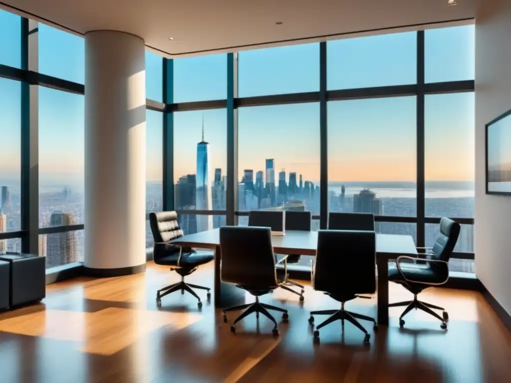 Sala de juntas moderna con vista a la ciudad y documentos legales Elegante sala de juntas con mobiliario negro, mesa de conferencias y documentos legales junto a una cartera de inversión inmobiliaria internacional