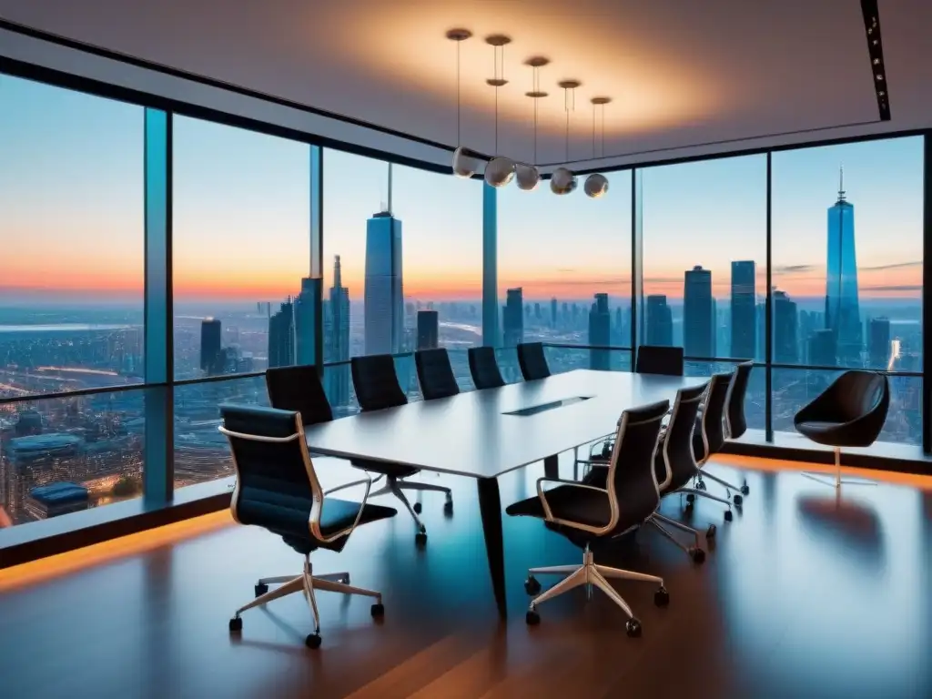 Salón de juntas moderno con vista panorámica al atardecer Elegante sala de juntas moderna con vista panorámica de una ciudad al anochecer, simbolizando Ética y compliance en inversiones internacionales