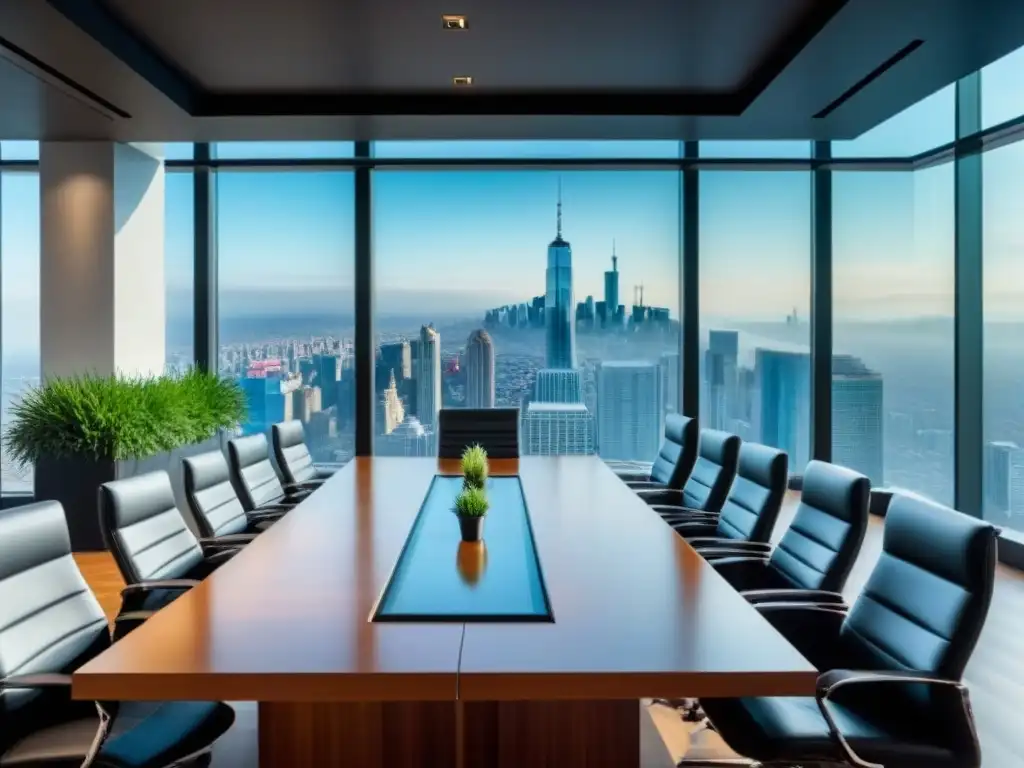 Sala de juntas moderna y lujosa con vista panorámica a la ciudad Elegante sala de juntas con vista panorámica de la ciudad, mesa de madera y tecnología avanzada