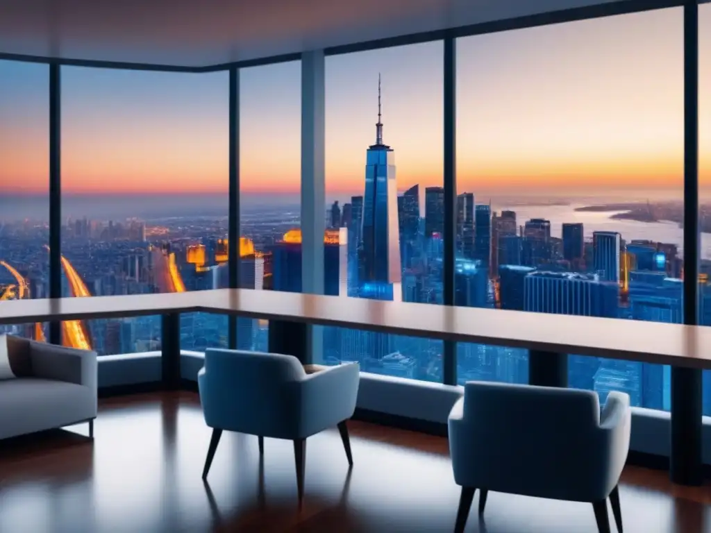 Oficina de lujo con vista panorámica y sala de juntas tecnológica Elegante sala de juntas con vista a la ciudad, mostrando pantallas de fluctuaciones cambiarias en inversiones inmobiliarias