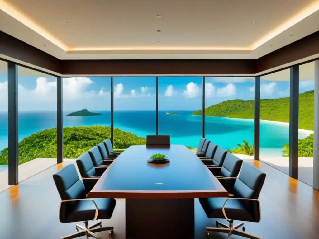Negociación estratégica en isla privada: lujo y profesionalismo Elegante sala de juntas con vista a isla privada
